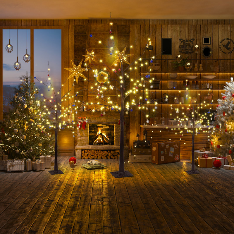 3 Piece Lighted Birch Tree Set With Cherry Blossom And Christmas Balls 4FT 5FT And 6FT LED Artificial Christmas Tree For Decoration Indoor And